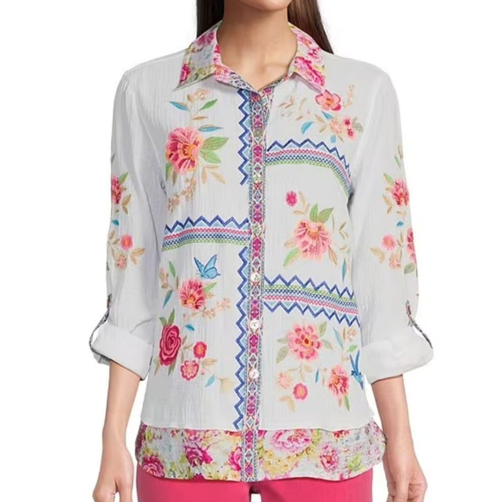 John Mark Womens White Floral Embroidered 100% Cotton Button Down Hummingbird M
